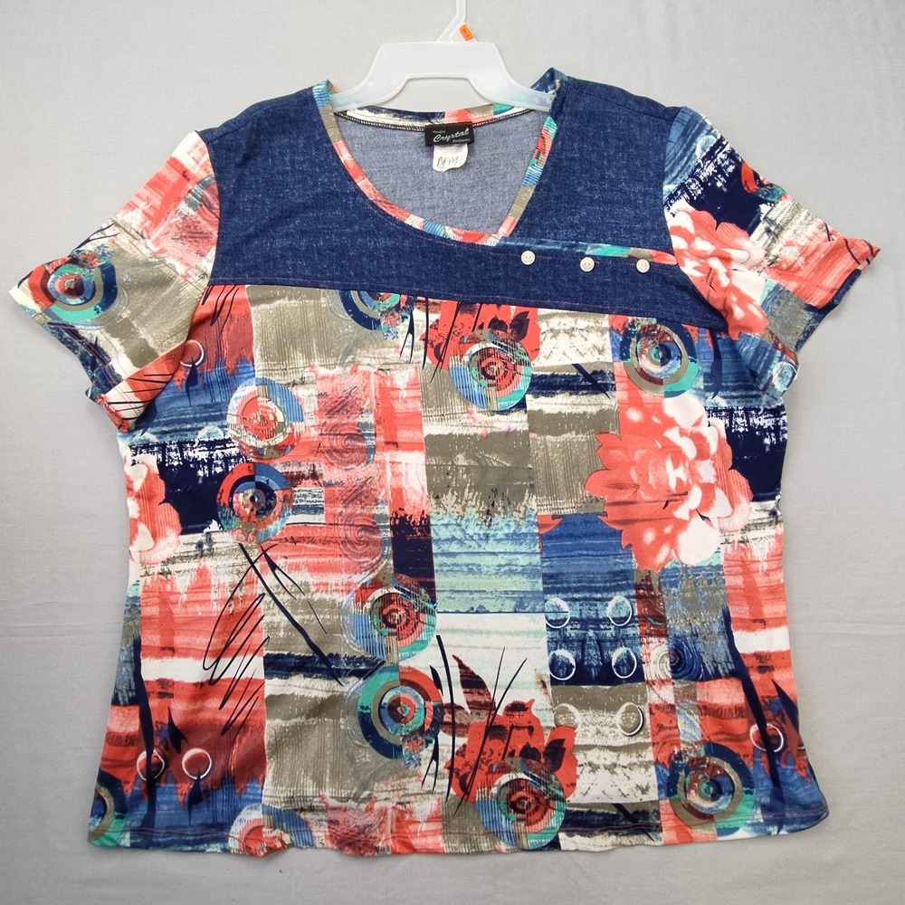 Crystal Fashions‎ Top Womens 3XL Multi Abstract Floral Denim Yoke Short Sleeve